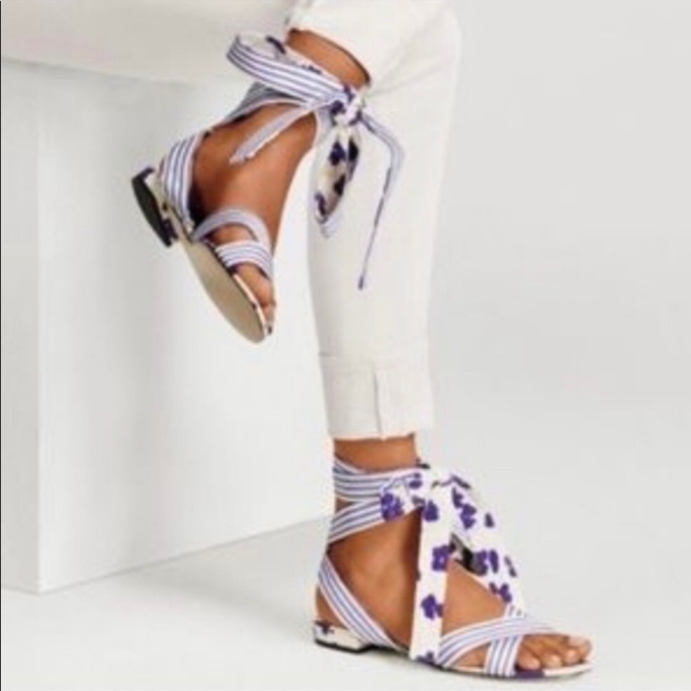 CaBi Blue and White Floral/Striped Tie Up Sandals - Picture 2 of 9